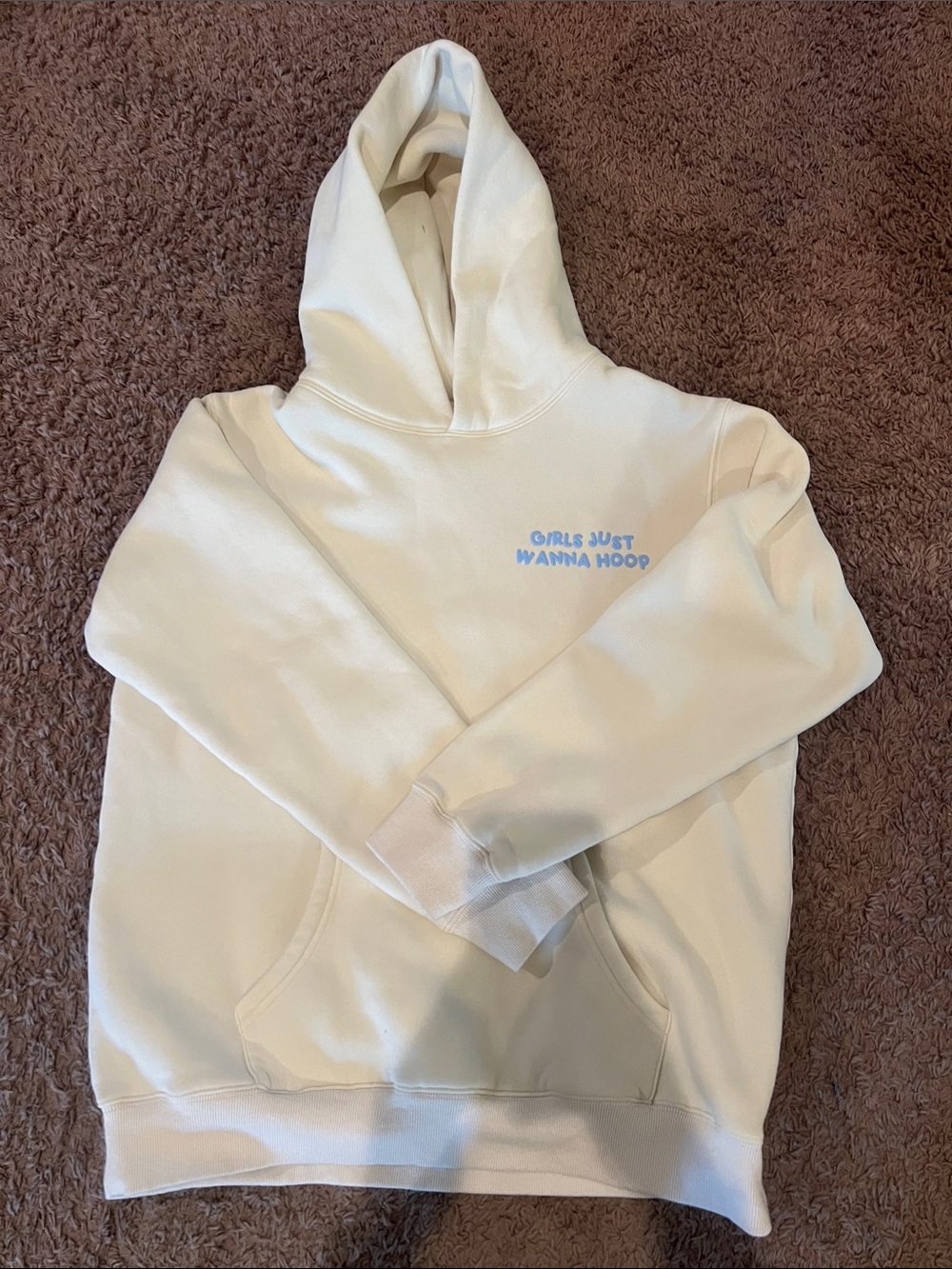Cream Kids Hoodie with Light Blue Script -